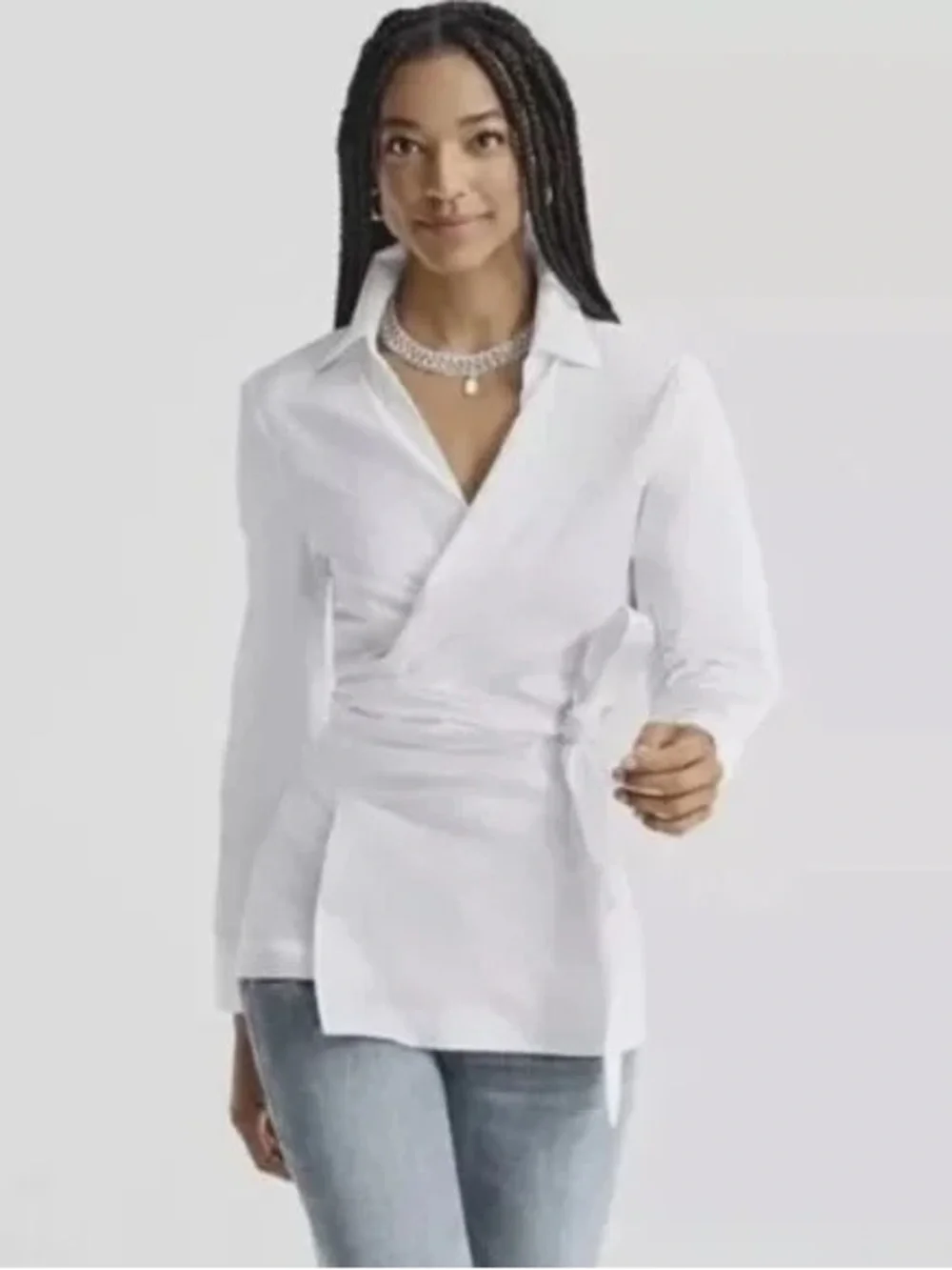 Cabi Crisp White Long Sleeve Structured Tie Wrap Blouse Shirt Sz S - Picture 2 of 6